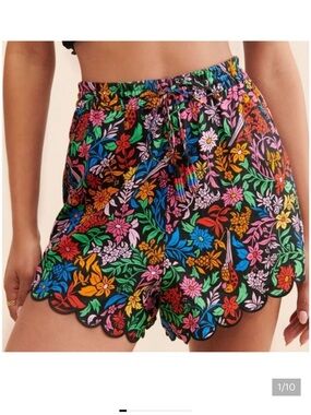 Farm Rio Black Floral Linen scalloped Shorts Medium